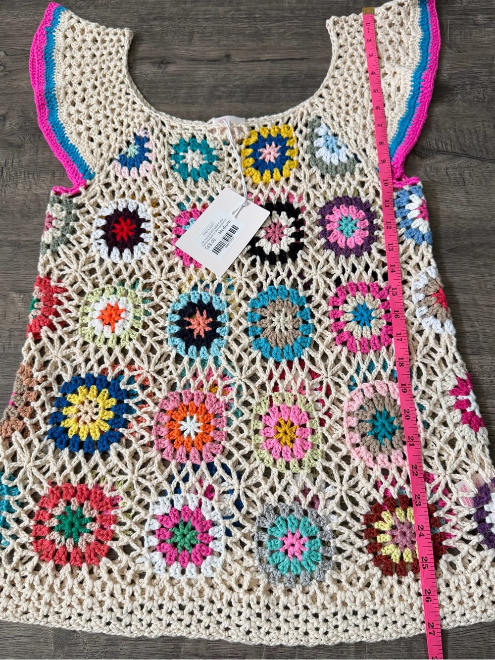 So Me Womens Granny Square Crochet Top Size M Oatmeal Boho Patchwork Festival - Picture 7 of 9